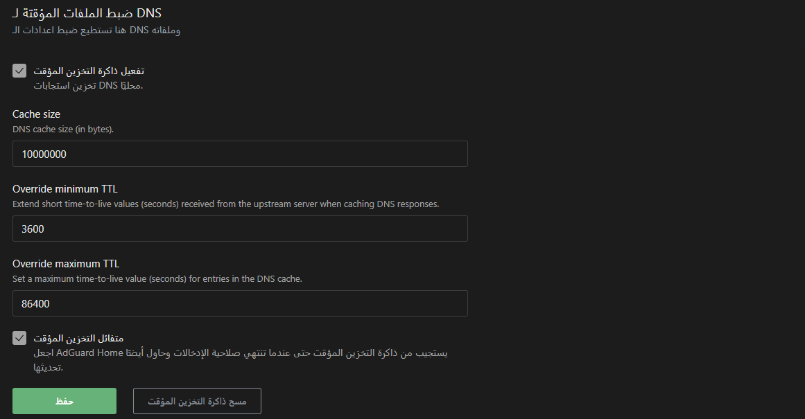 ضبط DNS cache وTTL في AdGuard Home