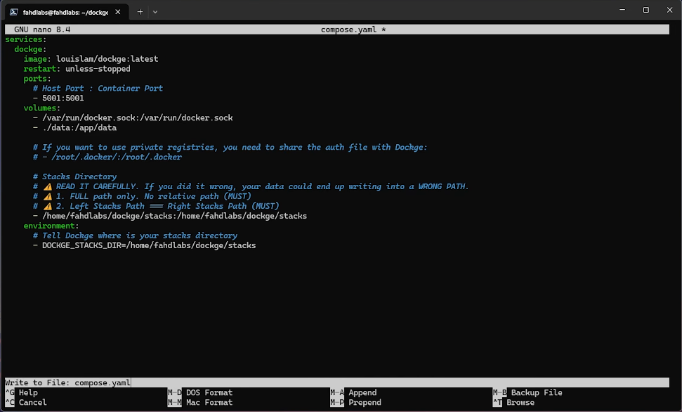 ملف compose.yaml الخاص بـ Dockge قبل التشغيل