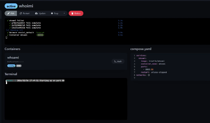 إنشاء وتشغيل Stack whoami من واجهة Dockge