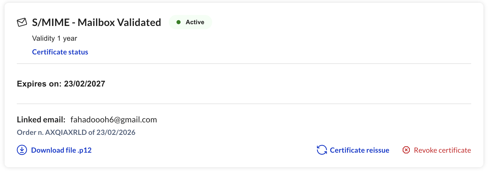 حالة الشهادة أصبحت نشطة وتأكيد الإيميل