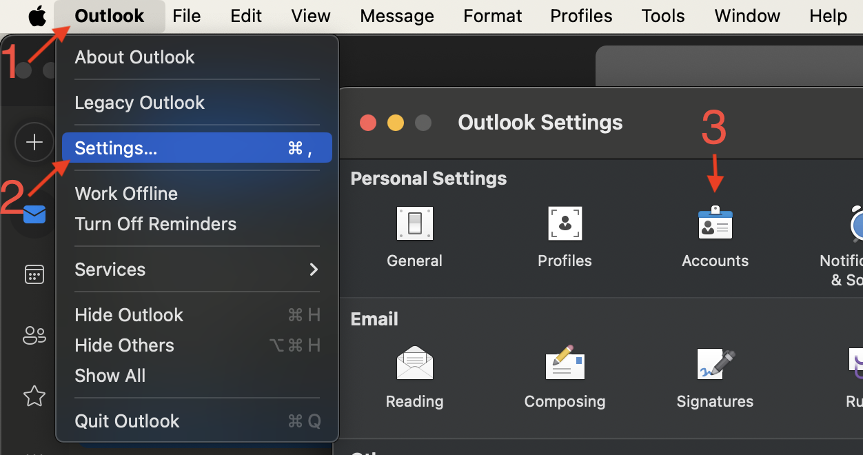 إعدادات تطبيق outlook في الماك
