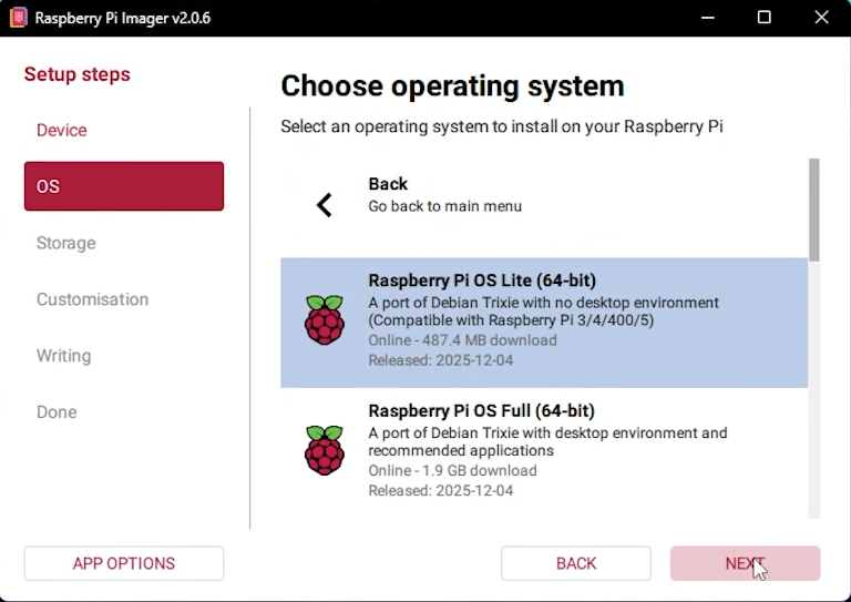 اختيار النظام من Raspberry Pi Imager