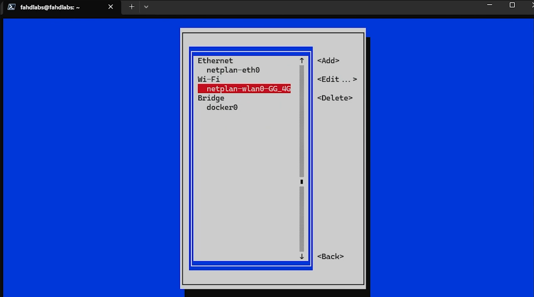 واجهة nmtui واختيار Edit a connection