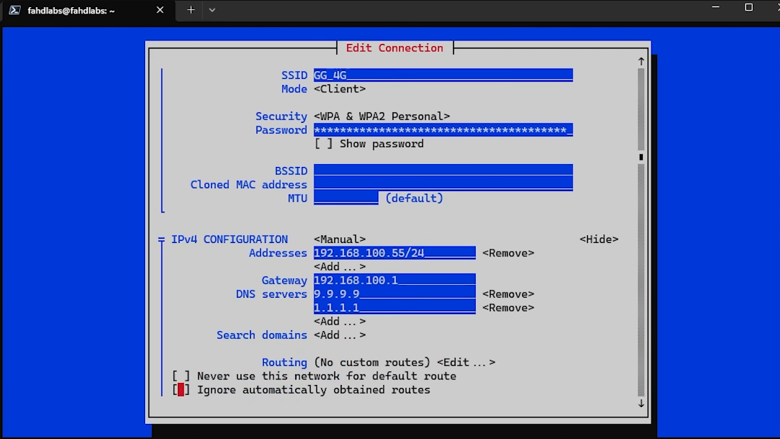 ضبط IPv4 يدويًا مع Address وGateway وDNS
