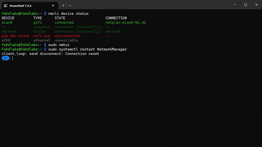 إعادة تشغيل NetworkManager وانفصال جلسة SSH
