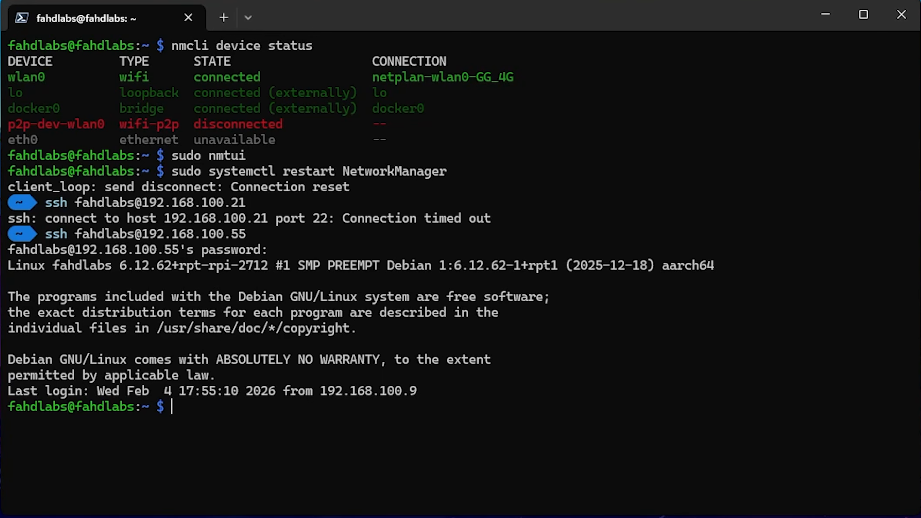 إعادة الاتصال عبر SSH باستخدام عنوان IP الثابت الجديد